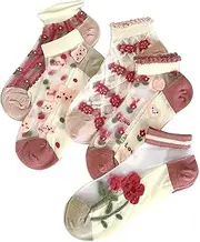 [Flerivva] Womens Girls Nylon Socks Sheer Summer Transparent Ankle Socks Mesh Thin Novelty Socks 5 Pairs