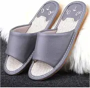 [GHYUB] Men’s and Women’s Genuine Leather Open Toe Slippers， Linen Sandals Unisex Flat House Shoes，Casual House Slippers Summer Non Slip Garden Shoes (Color : Light Grey, Size : EUR39-40)