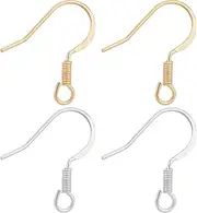 Beebeecraft 100Pcs 2 Colors Fishhook Earring Hooks 24K Gold & Sterling Silver Plated Brass Ear Wires with Earring Making Kit with Transparent Storage Box for DIY Earrings