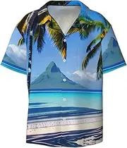 [YANYU] Tahiti Beaches Print Hawaiian Shirts Men Short Sleeve Button Down Cuban Collar Shirt Summer Beach Days