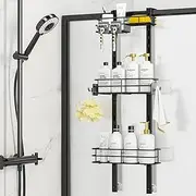 ODesign Adjustable Shower Caddy over Door with 4 Hooks, Rust Proof Organizer for Shampoo Razor and Towel Black Large-Capacity