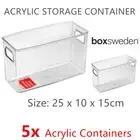 5x Clear Acrylic Storage Containers 25x10x15CM Tray Fridge Organiser Fruit Rack