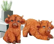 Highland Cow Figurine - Set of 2 Cattle Figurine | Eye-Catching Scottish Cow Figure | Highland Decor for Home, Table, Bookshelf, and Desk Decoration
