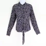 Banana Republic Button Up Blouse Womens M Black Purple Floral Front Tie NWT $78