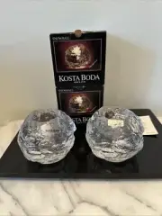 Set of 2 Kosta Boda Sweden Clear Heavy Glass Ice Snowball Votive Candle Holder