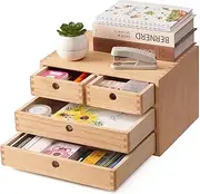 Kirigen Natural Wood Desktop Organizers with Drawers - Home Workspace Office Supplies Wooden Storage Box Shelf Case - Hold Makeup Box (NA, 3-Layer &4 Drawers)