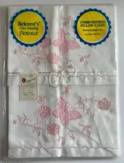 VTG Pair Belcrest’s Embroidered Pillow Cases Butterfly Pink Floral Percale - NEW