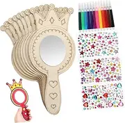 Blank Mirror Craft for Kids Unfinished Wood Kids Mirror Hand Mirrors Set with Rhinestones for Painting