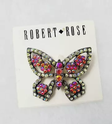 ROBERT ROSE SHADES OF GREEN & Red RHINESTONE BUTTERFLY Silver TONE BROOCH PIN