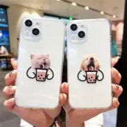 Cute Couple Dog Cat Boba Milktea Clear iPhone Case for 14 Pro Plus ProMax