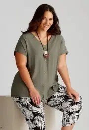 Autograph Top Plus Size 26 Shirt Blouse Button Up Short Sleeve Khaki Viscose NEW