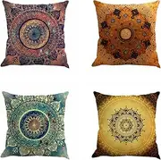 Set of 4 Retro Floral Mandala Compass Medallion Bohemian Boho Style Summer Decor Cushion Case Decorative for Sofa Couch 18 x 18 inch Cotton Line (Floral Compass Medallion)