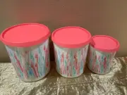 Tupperware Beautiful New Set/3 Canisters 4.4L, 3.1L &1.3L Wheat Print & Guava