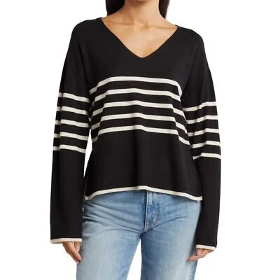 Vero Moda Women's Happiness Stripe V-Neck Black Wide Sleeve Sweater L Large New