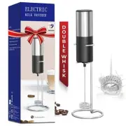 Electric Milk Frother Handheld with Stainless Steel Stand & Double Whisks, Mi...