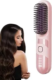 Travel Hair Straightener - Curler Brush for Home Use | 2-in-1 Temperature Adjustable Quick Styling Cordless Hair Straightener Brush for Home