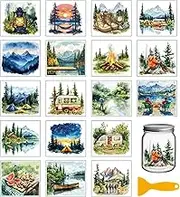 GLOBLELAND 18 Sheets Camping Tent Transfer Stickers 3.9x3.6inch Forest Landscape Colorful Transfer Decal Mountains Lack Rub on Transfer for Furniture Vase Glass Art Crafts Decorations