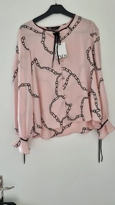 BNWT ZARA Pink Ruffle Cuff Black Chain Pattern Satin Blouse Top Shirt L Large