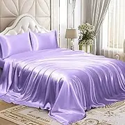 HOMIEST 4pcs Satin Sheets Set Luxury Silky Satin Bedding Set with Deep Pocket, 1 Fitted Sheet + 1 Flat Sheet + 2 Pillowcases (Full Size, Lavender)