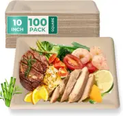 Fit Meal Prep [100 Pack Compostable Paper Plates, 10 Inch Biodegradable Square P
