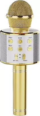 4 in 1 Wireless Bluetooth Karaoke Microphone Speaker LED with Recording Gold