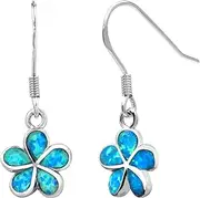 [Honolulu Jewelry Company] Sterling Silver Plumeria Flower Hook Earrings with Simulated Blue Opal