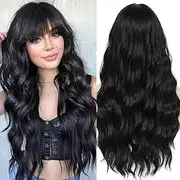 Black Wigs With Bangs Long Wavy Curly Black Wig For Women Deep Wave Wigs Synthetic Fiber Wig Heat Resistant Hair Wig For Girls Cosplay Wear (Black, 28inch)