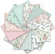 Whaline 12Pcs Floral Cotton Fabric Bundles 10 x 10 Inch Floral Greenery Printed Fat Quarters Pink Green Retro Quilting Patchwork for Spring DIY Handmade Crafting Home Party Decor
