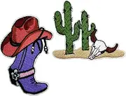[Stitch-Witch] Set of 2 Western Purple Cowboy Boot Pink Hat and Desert Cactus Steer Cow Skull Embroidered Iron on Patches