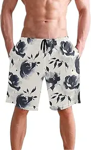 [XYMZR] White Floral Art Men's Swim Trunks Quick-Dry Bathing Suit Swimming Board Shorts S