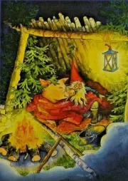 Postcard Art Cabin Tomte Gnome Piggy Campfire Camping Inge Look Finland