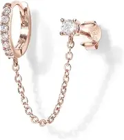 [PAVOI] 14K Gold Chain Earrings for Women | Double Piercing Dangle Chain Huggie Hoop Earrings | Cubic Zirconia Pearl Stud Earrings for Women
