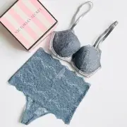 32D SMALL Victorias Secret steel blue lined demi bra set high rise thong panties