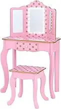 Teamson Kids Pretend Play Kids Vanity Table and Chair Vanity Set with LED Mirror Makeup Dressing Table with Drawer Fashion Polka Dot Prints Gisele Play Vanity Set Pink/Rose Gold (TD-11670LL)