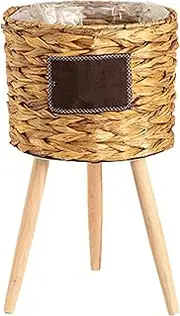 Plant Basket with Removable Wood Legs - Bamboo Stand Base, Handcrafted Ornament | 14.6in Woven Container with Inner Lining, Natural Decor Accent for Balcony Flowers, Houseplants, or Cozy Home Corners