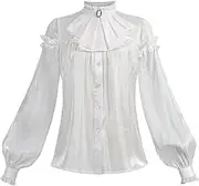 [Nuoqi] Victorian Blouse for Women Ruffle Victorian Blouse Renaissance Shirt White