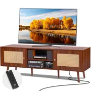 Rattan TV Stand, Mid Century Modern TV Stand for 65 inch TV, Boho Rattan TV Cabinet with Build-in Socket and USB Ports, Adjustable Shelfs for Living Room, Media Room,