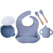 LVD Silicone Baby/Toddler Feeding Dinnerware Set Bib/Spoon/Fok/Cup/Bowl Blue