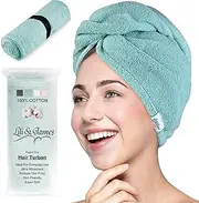 Lili&James Cotton Hair Towel Wrap for Women/Kids | Quick Dry, Soft & Absorbent Hair Wrap Towels with Double Button | Anti Frizz, Non Microfiber Hair Turbans for Curly, Long & Thick Hair