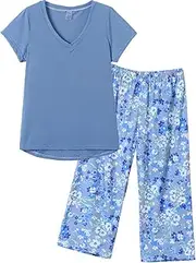 [HONG HUI] Women's Capri Pajama Sets Plus Size Sleepwear 2 Piece Ladies Sleep Set