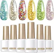 Shiny Nail Polish With Sequins, Cute Glitter Gel Nail Polish, 7ml UV LED Soak Off Nail Manicure Kit, 6-Color Glossy Finish Nail Polish, Long Lasting Sparkly Gel Polish For Girls