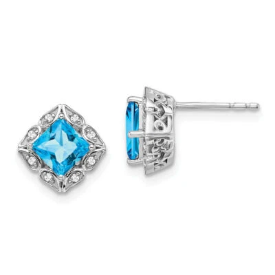 14K Solid White Gold Square Swiss Blue Topaz Diamond Stud Earrings
