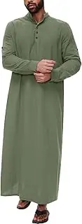 [Generic] Summer Kaftan Thobe for Mens Muslim Gown Long Sleeve Stand Collar Button up Side Split Casual Breathable Daily Wear, B#army Green, Medium, B#army Green, Medium
