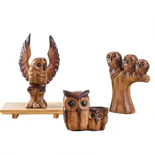 泰國木雕工藝品實木創意可愛貓頭鷹現代簡約客廳書柜酒柜裝飾擺件