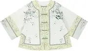 [JIMINISO] Qing Dynasty Elegant Satin Green Bamboo Printed Short Sleeved Cheongsam Dress with Handmade Button Jacket Tang Suit Tops