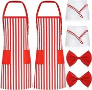 [SEEWEY] 6 Pcs 1950s Waiter Costume Kit Soda Jerk Costume Red White Striped Apron with 2 Pockets Chef Hat Bow Ties