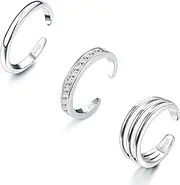 [Sllaiss] Sterling Silver Toe Rings for Women 3 Pcs Cubic Zirconia Toe Rings Set White Gold Band Toe Rings Adjustable Open Toe Rings Summer Foot Jewellery, Metal, Cubic Zirconia