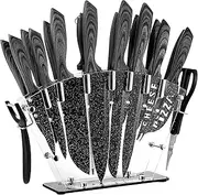 All in one Kitchen Knife Set with Block, 19 PCS High Carbon Stainless Steel Sharp Serrated Steak Knives Set, Chef Knives, Bread Knife, Scissor, Sharpener, Peeler (Grey)
