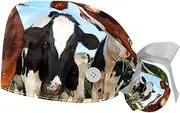 [WOSHJIUK] Working Hat 2 Pack Scrub Caps for Women,Farm Prairie Cute Cow,Tie Back Cap Adjustable Scrub Hat