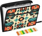 Quteprint 13 Pockets Expanding File Folder with Zipper Closure, Colorful Turquoise Aztec Pattern Accordion File Folder with Sticky Labels, Letter Size A4 Papers Expandable File Document Organizer